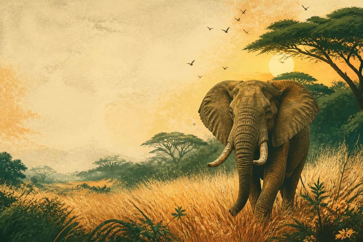 Editorial illustration of an African elephant walking through golden savanna grass