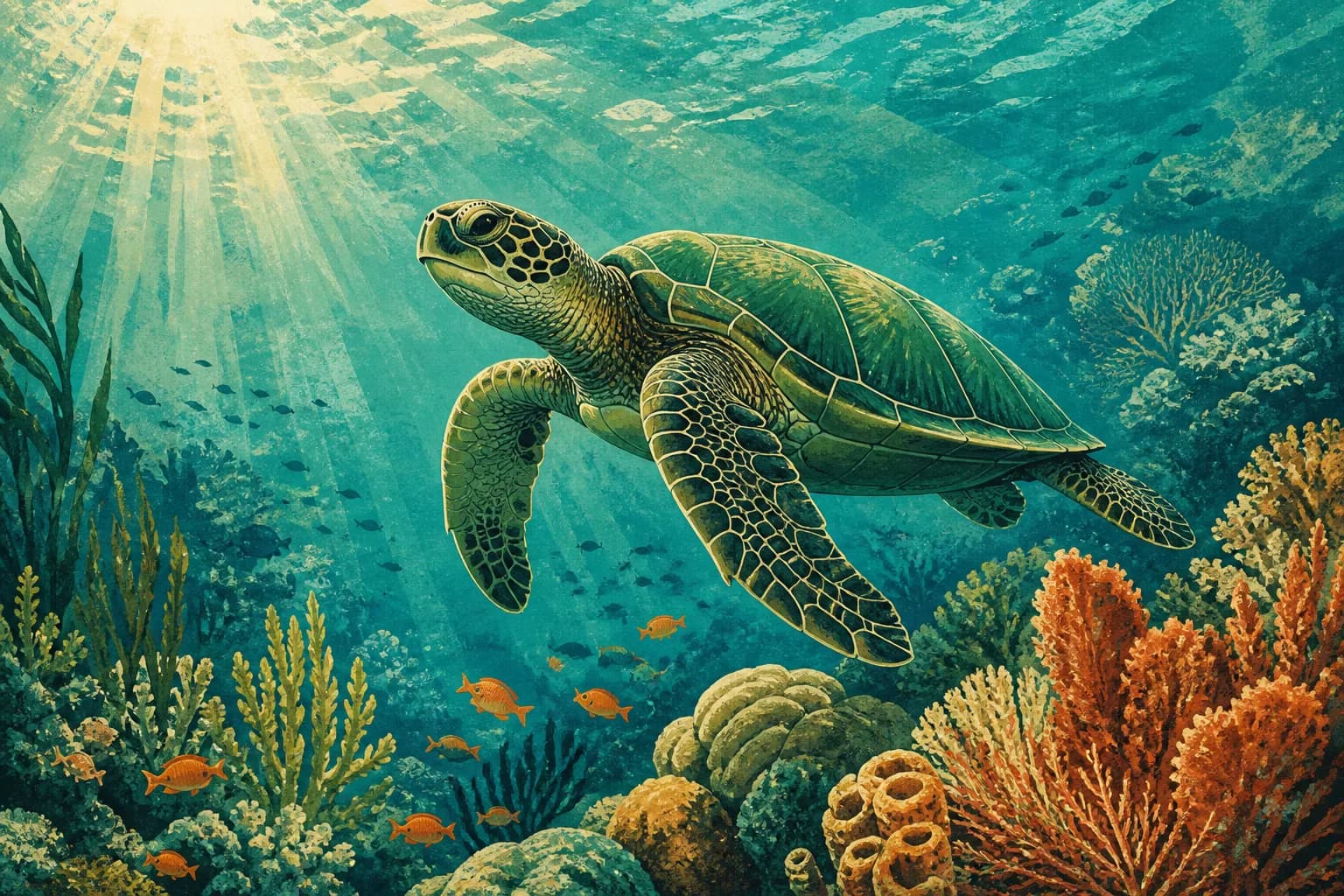 Editorial illustration of a green sea turtle swimming above a coral reef