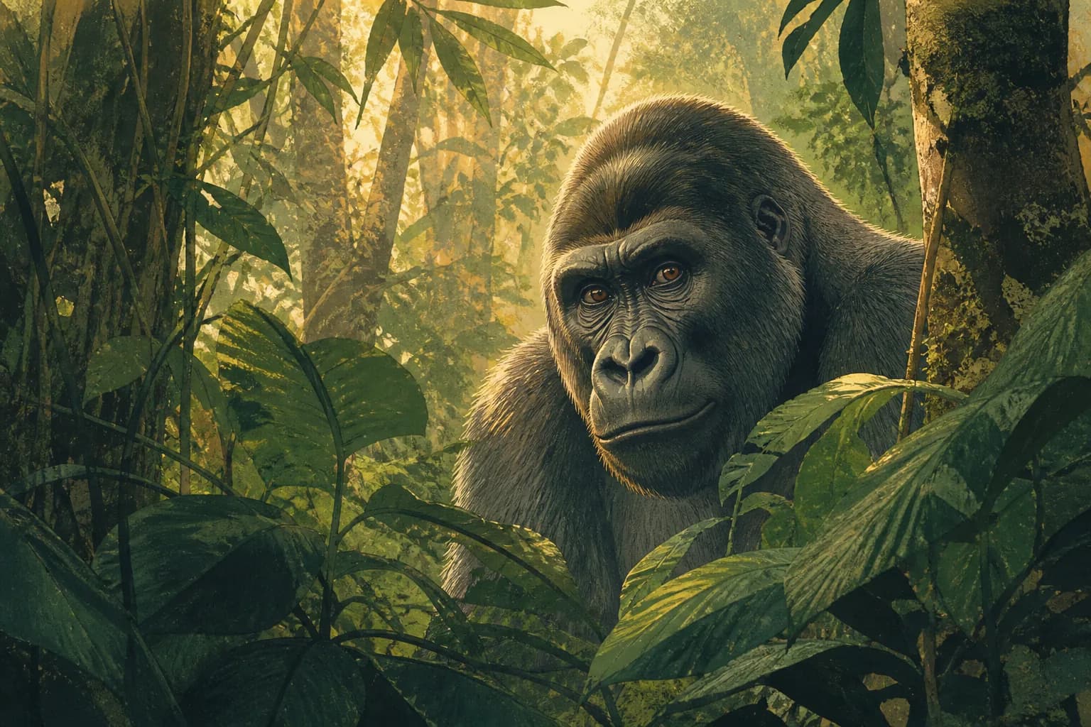 Editorial illustration of a western gorilla among dense rainforest foliage